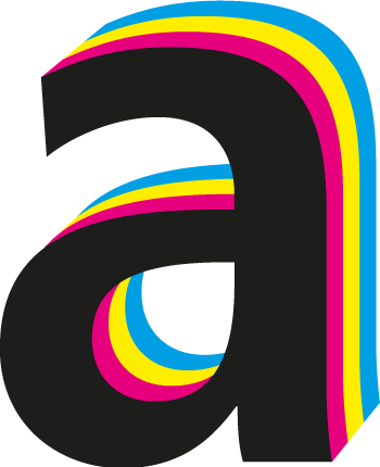 Logo Aumüller Druck Regensburg, schwarzes kleines A mit Schatten in den Abstufungen magenta, gelb und cyan