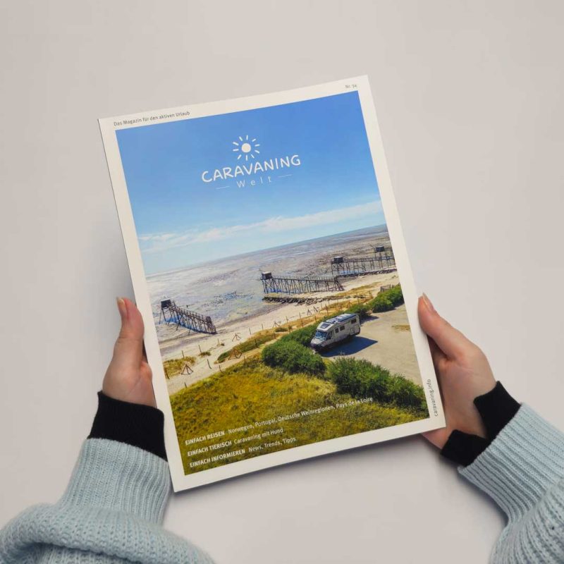 zwei Hände die ein Magazin über Camper in der Hand hällt