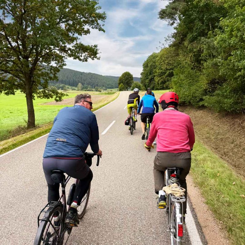 Vier Radfahrer die Auf einer Landstraße fahren.
